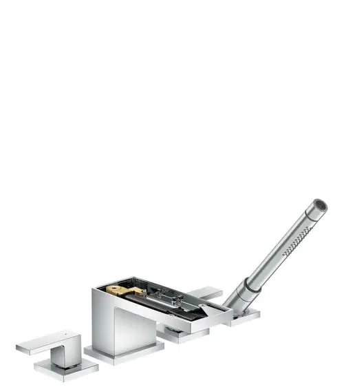 AXOR Wannenrandarmatur mit vier Auslässen und herausziehbarem Handbrausekopf in Chrom-Finish, zeigt interne Mechanik und Steuerungselemente.